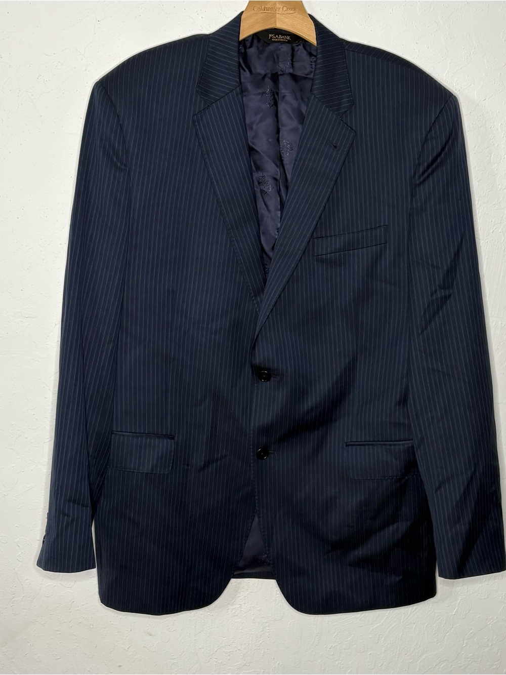 Vintage Jos A Bank Mens 2 Piece Pinstripe Suit 44 Long 38 Waist Wool Mexico Navy